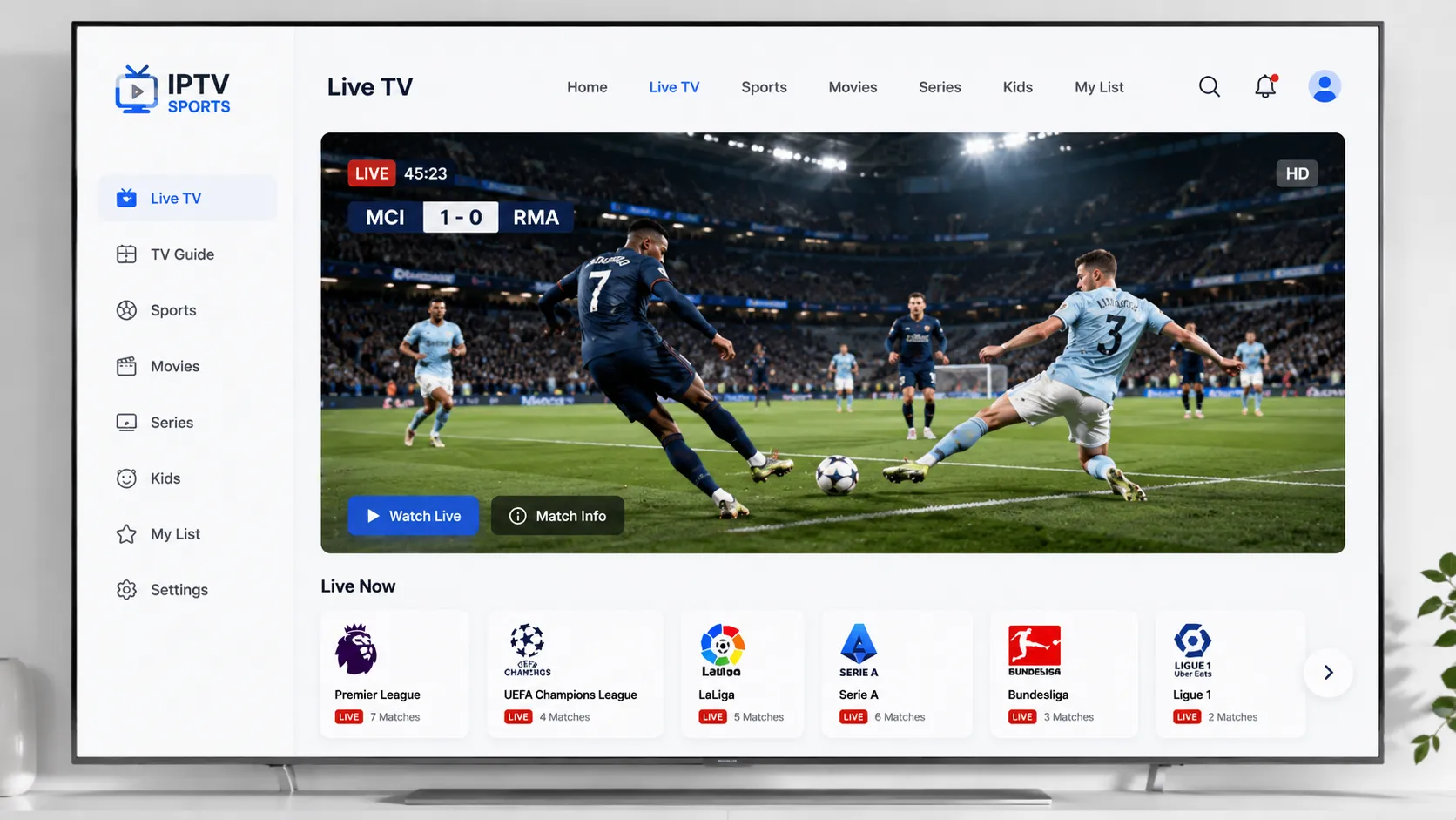 Modern smart TV displaying a USA IPTV provider comparison dashboard with live TV, sports and movie categories