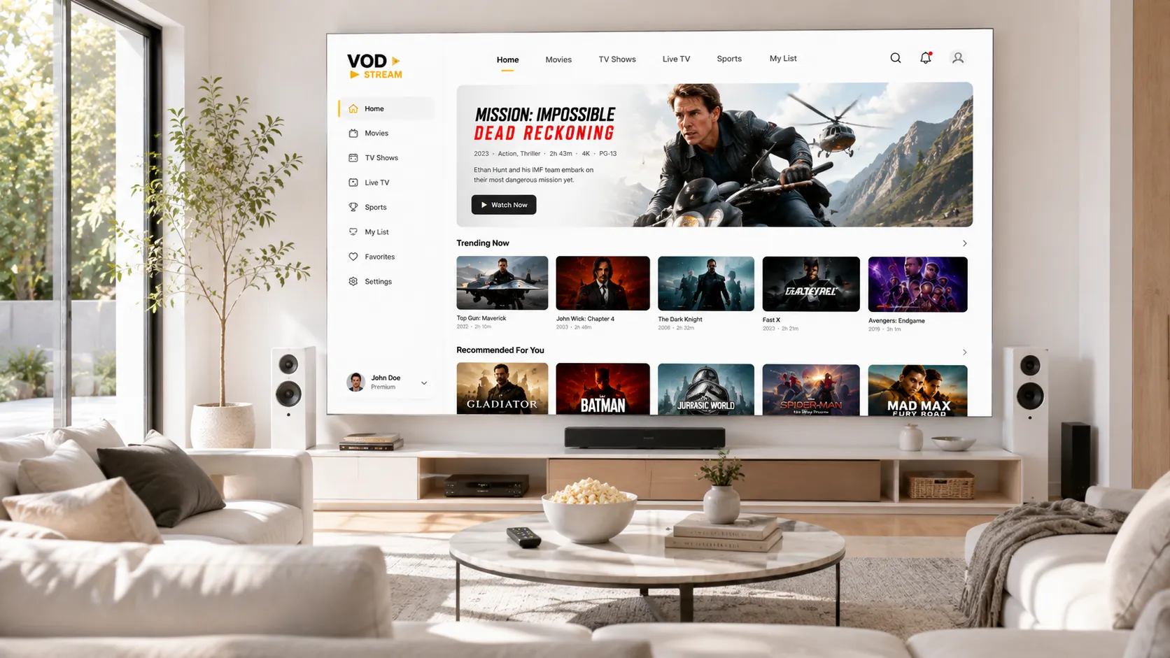 Premium IPTV streaming service displayed on a modern Smart TV in a stylish living room