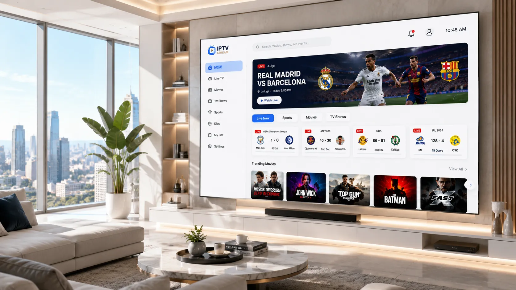 Amazon Fire TV Stick plugged into the back of a modern television with IPTV app running on screen