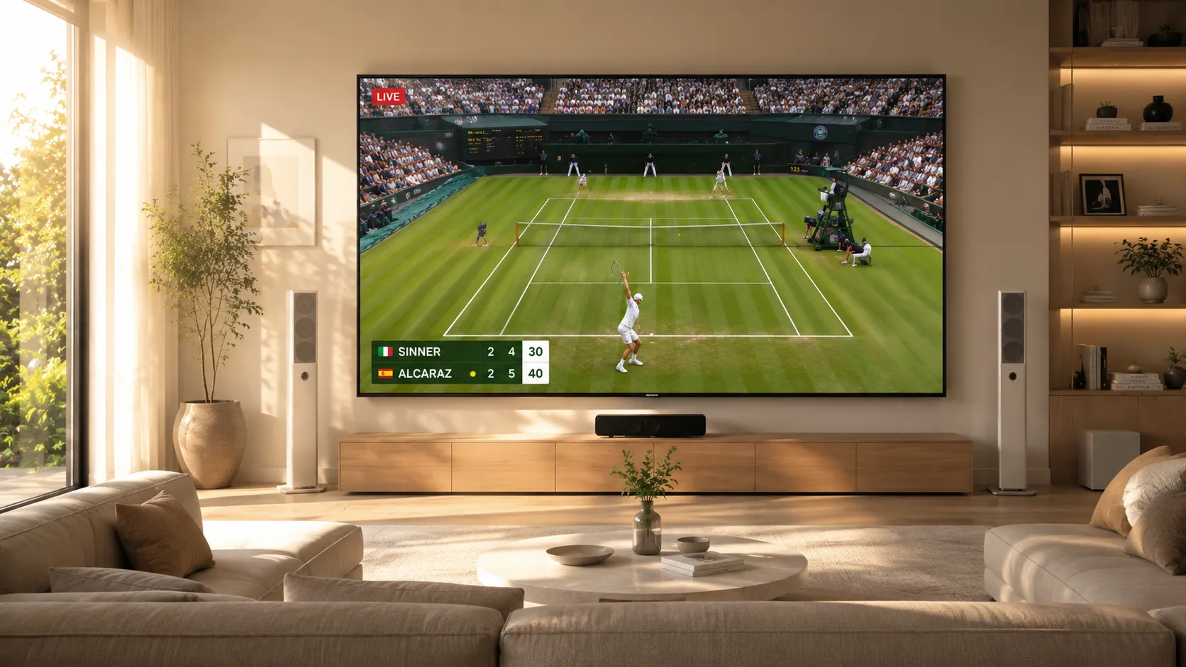 Modern Smart TV showing an IPTV free trial dashboard with live TV, sports and video-on-demand categories