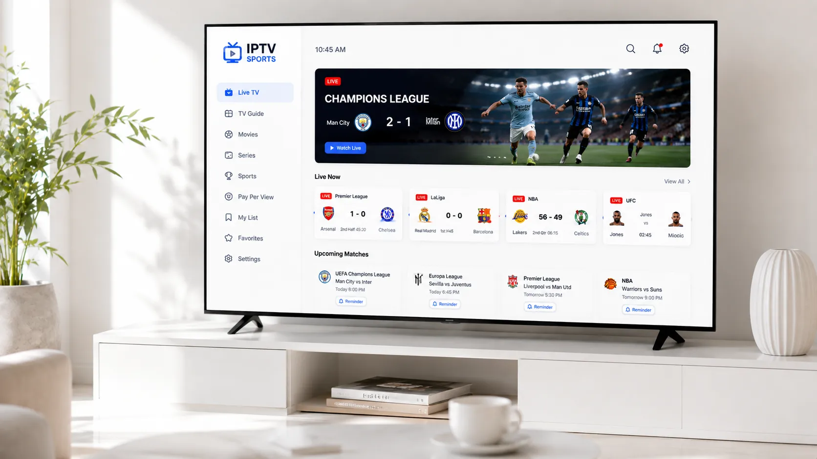 Diagram showing how IPTV content is delivered from a server through broadband internet to a Smart TV and Firestick