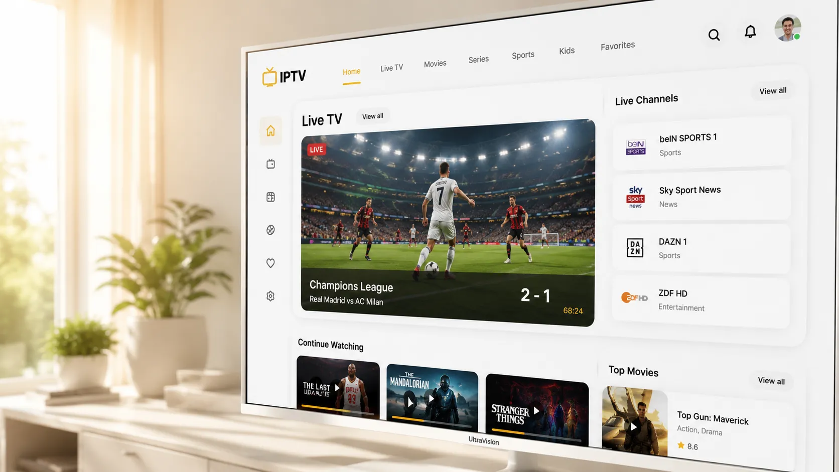 Modern Smart TV displaying IPTV live channels in a well-lit living room