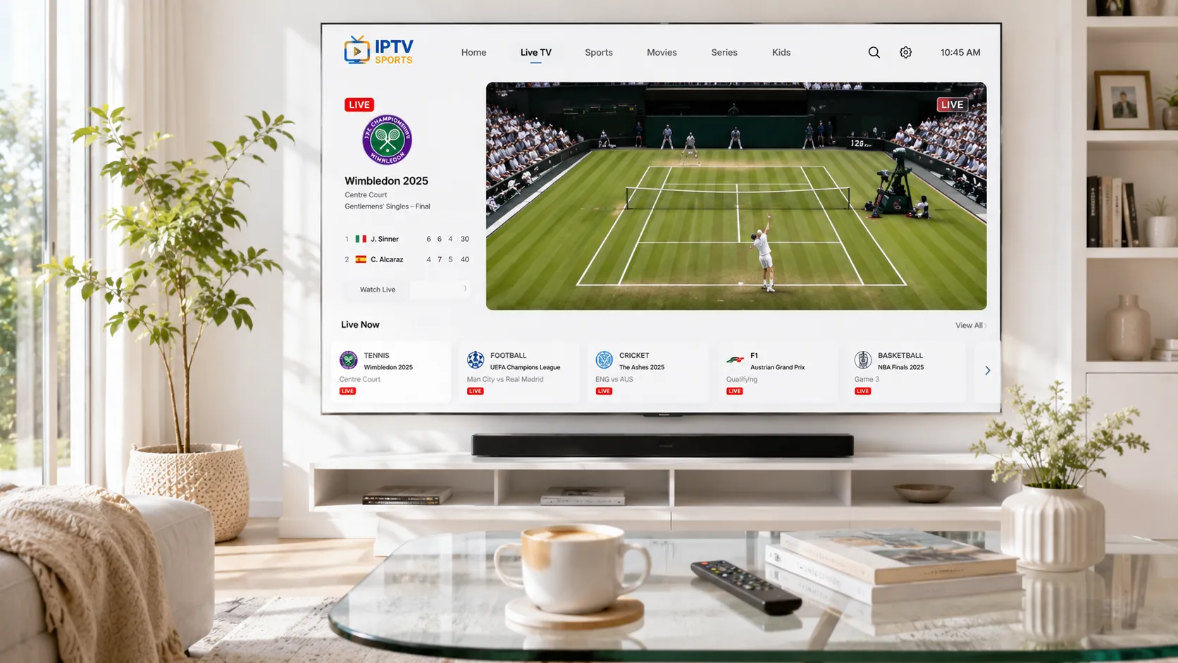 IPTV channel lineup showing sports news and entertainment options on a connected television