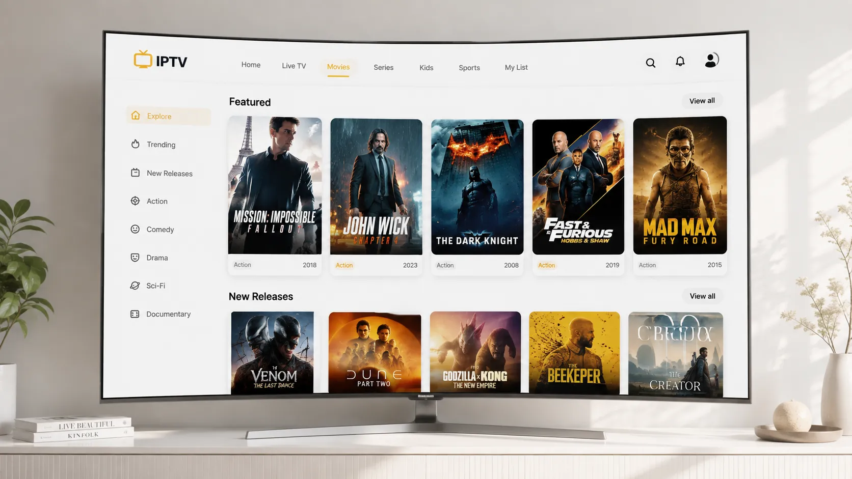 Person reviewing IPTV subscription plan options on a tablet next to a Smart TV
