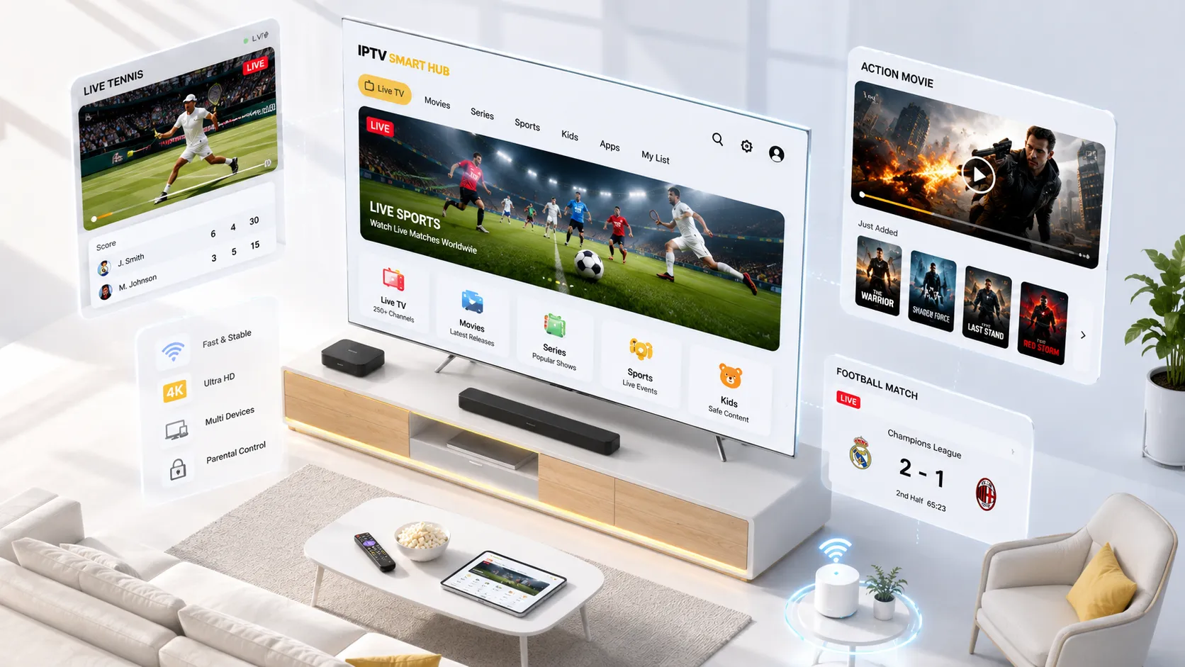 IPTV service for USA and UK viewers displayed on connected home entertainment devices